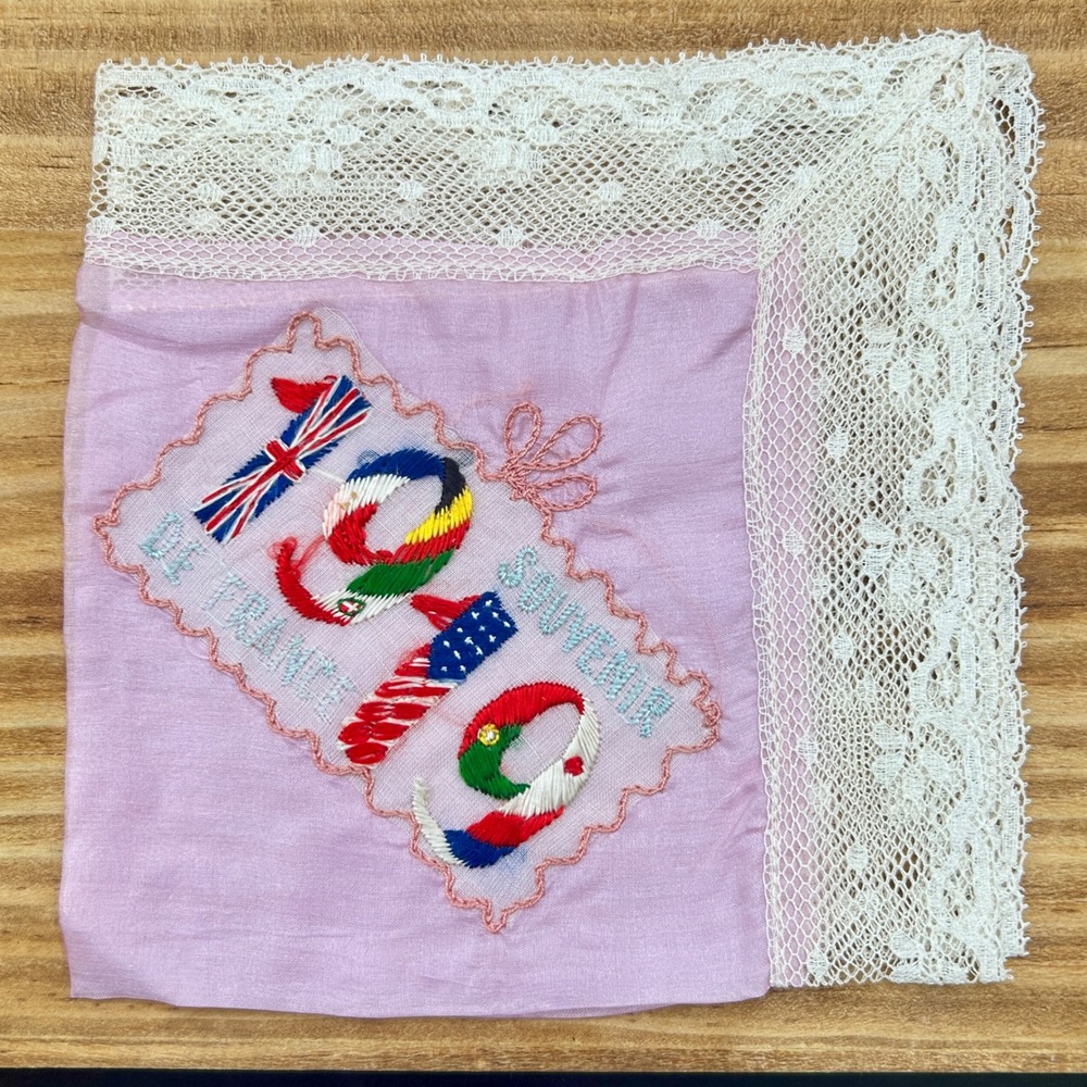 Vintage 1919 Souvenir De France Handkerchief Pink Silk Lace WWI Allied Flags 11"